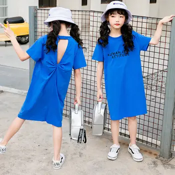 Corea 2021 grande de las niñas adolescentes de la carta de Verano larga T camisa de vestir de los niños de algodón de ropa casual de moda de los niños Sin espalda vestido de 4-14Y