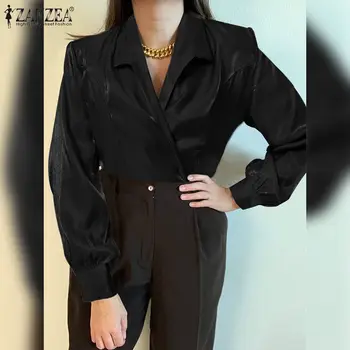 Mujer Elegante Blusa de Satén de la Oficina de las Señoras Elegantes Tops ZANZEA Sólido de Manga Larga Túnica 2021 Otoño de Fiesta de Seda de la Blusa