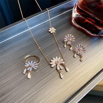 Zarcillos de Metal de diseño de la Margarita de pétalos S925 plata aguja delicado de la flor del collar de la pulsera de cadena de clavícula
