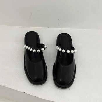 La moda de la Perla Zapatillas Mujer 2021 Elegante Dedo se Desliza Mujer Slip de Cuero de la Pu de la Señora Muller zapatos zapatillas BC153