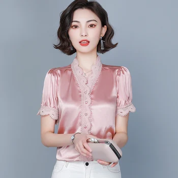 Coreano de la Moda de Seda de las Mujeres Blusas de Raso Señora de la Oficina de la Camisa y Blusa de Encaje de Manga Corta Blusas Sueltas de la Mujer Tops y Blusas
