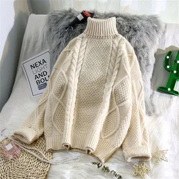 Otoño de Cuello alto de giro suéter de las mujeres Pullovers 2021 invierno nueva aguja gruesa suéter flojo punto superior de las mujeres suéter de puentes