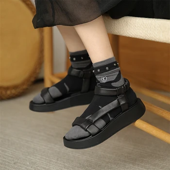 Meotina Zapatos De Las Mujeres De Cuero Genuino Sandalias Planas Correa De Tobillo Sandalias De Dedo Del Pie Cuadrado De Las Señoras De Piel De Oveja De Calzado De Verano Negro De Moda