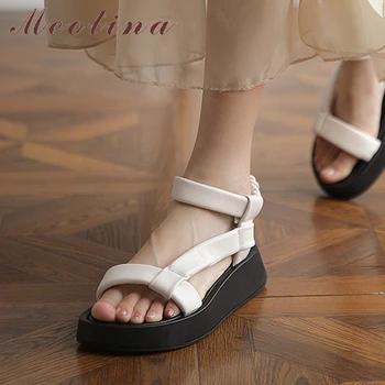 Meotina Zapatos De Las Mujeres De Cuero Genuino Sandalias Planas Correa De Tobillo Sandalias De Dedo Del Pie Cuadrado De Las Señoras De Piel De Oveja De Calzado De Verano Negro De Moda