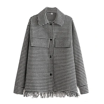 Las mujeres de la chaqueta de abrigo de 2021 primavera nueva ZA de la moda de celosía de manga larga caliente camisa chaqueta de la borla de la moda casual de la calle chaquetas de las mujeres