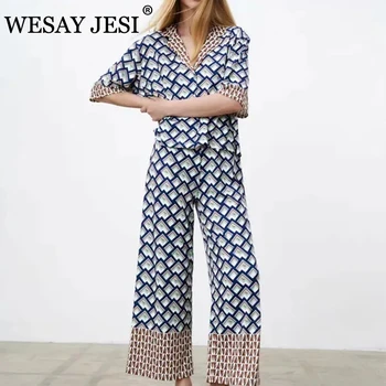 WESAY JESI Ropa de Mujer 2021 Trajes de Pantalón de Verano Casual Impreso un Botón de la Blusa Vintage Pantalones Trajes Sueltos de Cintura Alta Bragas