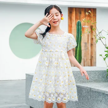 Verano Adolescente Vestido de las Niñas 2021 Nuevo Blanco Puff Manga Vestido de Princesa para los Niños de la Escuela Vestido coreano Pequeña Margarita Vestido de Encaje 8 10 12 Y
