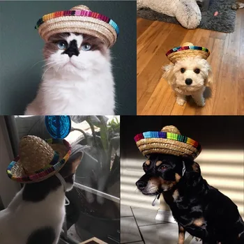 Lindo Mini Perro Cachorro de Gato de Paja Tejida Sol Sombrero Gorra Sombrero Mexicano Suministros de Mascota Lindo Traje para Perros Ajustable