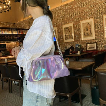 Holográfica en la nube bolsa de hombro para las mujeres de la cadena de pliegues elegantes de embrague bolso de niña de fiesta de noche de lujo mini bolsas de mensajero del bolso de la