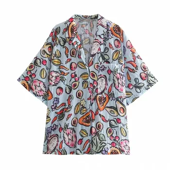 PSEEWE Za 2021 Textura de Impresión Mujer Camisetas de Verano de Manga Corta de Botón en la Playa de la Camisa de Mujer de la Calle de las Blusas de las Mujeres Casual Top