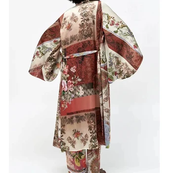 TRAF Za de la Camisa de las Mujeres de Patchwork Kimono de Impresión de las Mujeres Blusas 2021 Playa de Verano Kimono Cardigan Túnicas de Mujer Elegante Cinturón de Camisa Larga