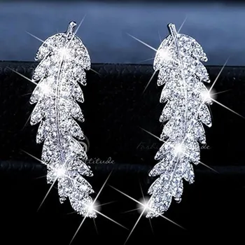 Preciosa Pluma Oído Escaladores del Manguito de los Pendientes de Cristal de Hojas de Clúster de la Boda Aretes para las Mujeres