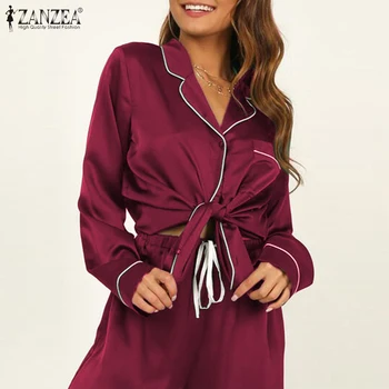 La mujer de Dos piezas Pijamas ropa de Dormir ZANZEA 2021 Primavera Casual Loungewear ropa de hogar se Adapte a la Moda tallas de Seda de Satén Conjuntos de Pijama