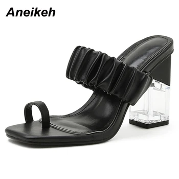 Aneikeh 2021 NUEVO Sexy de la PU de Verano de las Mujeres Zapatos de las Diapositivas de la Moda Casual de la Plaza de Talón Concisa Plisado Sólido Fuera de Albaricoque Tamaño 35-41