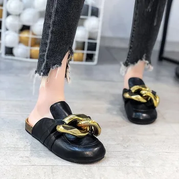 WENYUJH Nuevo Diseño de la Marca de Oro de la Cadena de las Mujeres Zapatilla con Puntera Antideslizante En las Mulas de los Zapatos de punta Redonda de Tacón Bajo Casual Diapositivas Flip Flop