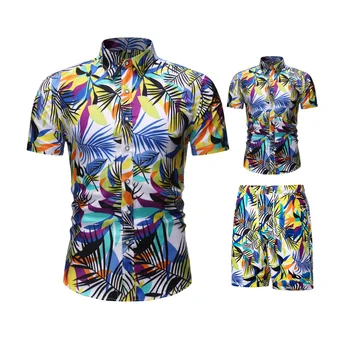 2021 Verano de los Hombres de Manga Corta de Chándal Floral Camisa Hawaiana Elástica con Cordón pantalones Cortos Traje de Moda de la Pieza 2 la Playa Trajes de Conjuntos