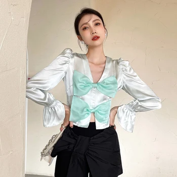 XIZIHUPAN Elegante Mosaico Bowknot Golpear el Color de la Camisa Para Mujeres V Cuello Manga Larga Slim Blusas de Mujer de la Moda de Primavera 2021 Elegante