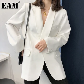 [EAM] las Mujeres Temperamento Blanco Blazer Nuevo Collar con Muescas de Manga Larga Floja de la Chaqueta de Moda de la Marea de Primavera Otoño 2021 1DD5285