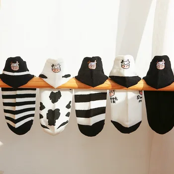 Instime 1 Par de Diseñador en Blanco y Negro Calcetines de las Mujeres de Algodón de Tobillo de la Tripulación Kawaii Vacas Cebra Tamaño 36-40