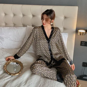 2021 de la Primavera de las Mujeres Pijama Conjunto Nuevo de Lujo de Estilo de la Moda Cruz Letra de la Impresión de la ropa de dormir de Seda Como de Ocio, Casa de Ropa de Dormir