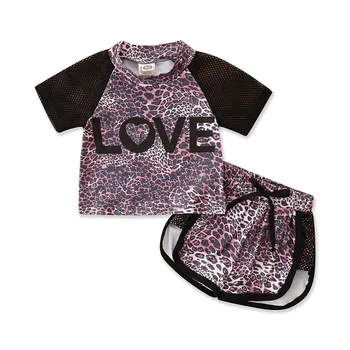 2Pcs Niño de Verano\u00a0Outfit Leopardo de manga Corta Camiseta + pantalones Cortos para las Niñas de los Niños Conjuntos de 9 Meses a 5 Años