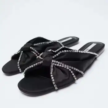 Marca la Luz de la Moda de Lujo de Sandalias de Mujer de Verano de imitación de diamante Negro Brillantes Decoración de punta Abierta Zapatillas Cómodas Sandalias Planas
