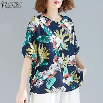 Las Mujeres elegantes del Impreso Blusas ZANZEA 2021 Verano Floral Tops Casual de Manga Corta Blusas Femenino O Cuello de la Túnica Chemise