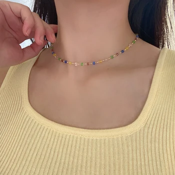 Peri'sBox Color Caramelo Cuadrado de Acrílico de Cuentas Gargantilla Para las Mujeres Romántica Verano Colorido Nuevo Collar Cotidiana de la Joyería