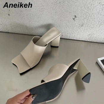 Aneikeh 2021 NUEVA Moda de la PU de las Mujeres Zapatos de Verano Retro Plisado Plaza de Tacón Peep Toe Zapatillas Superficial Sólido de la Parte Neutral de VESTIR