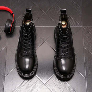 La moda para hombre con cordones de cuero genuino botas negro zapatos de plataforma de primavera otoño vaquero bottes homme tobillo botas de homens sapatos