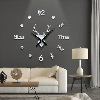 Ins 3d de Pared de Espejo de Acrílico Silencio Reloj de Cabeza de Ciervo de Bricolaje de la Personalidad Reloj de Pared de la Auto-adhesivo de la Casa del Reloj de Regalos Reloj de Pared