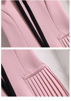 De alta calidad de color Rosa Plisado Chaqueta de Vestir para las Mujeres de Solapa con Cuentas de Manga Corta de la pajarita Hasta Delgada de cintura Alta del Mini Vestido de Estilo Preppy