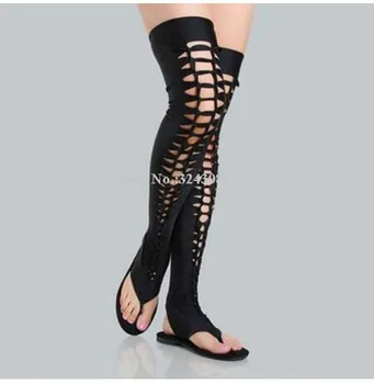 Lady Nueva Elástico Hueco Sandalias Planas Botas de Mujer de Moda Casual Sobre la Rodilla Sandalias Botas Sexy Muslo Botas Altas