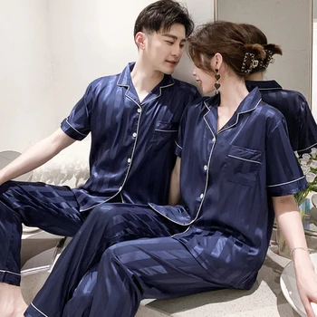 De lujo Pijama Traje de Payon Pijamas de Seda Par de Conjuntos de ropa de dormir de la Familia Pijama Mujer Hombres y Mujeres Casual Verano Otoño Pijamas para Hombres