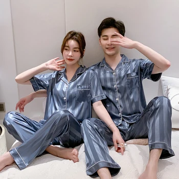 De lujo Pijama Traje de Payon Pijamas de Seda Par de Conjuntos de ropa de dormir de la Familia Pijama Mujer Hombres y Mujeres Casual Verano Otoño Pijamas para Hombres