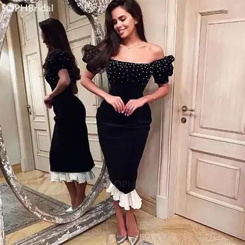 Las nuevas Hombro Sexy Vestido de Noche Negro de la Sirena de la Mujer Fiesta Formal Vestidos por encargo de Cristal con Cuentas de Dubai Prom Robe de Soirée