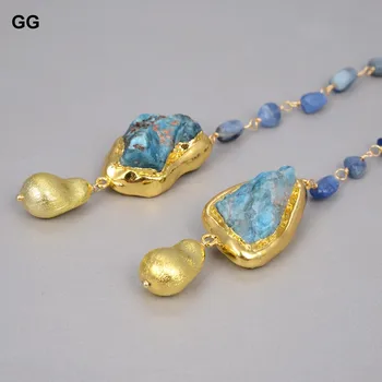 GuaiGuai de la Joyería Natural de color Azul kyanites de Oro de Color Plateado Cepillado de Bolas Collar Largo de 40