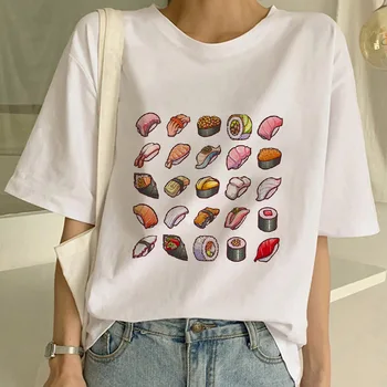 Mujeres T-shirt de Sushi Gato de dibujos animados Lindo de Impresión mujer camiseta Ulzzang Harajuku 90 T Niñas de Cuello Redondo manga corta camisetas Señora mujer