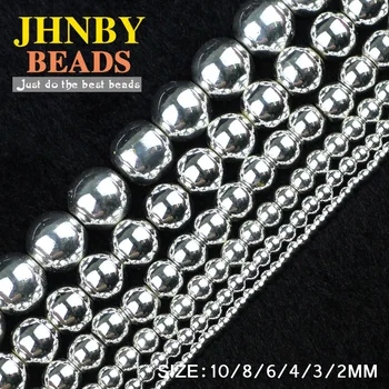 JHNBY oro Blanco Redondo Hematita grano 2/3/4/6/8/10mm Piedra Natural de plata Suelta perlas de la Joyería de las pulseras&collar de Accesorios de BRICOLAJE