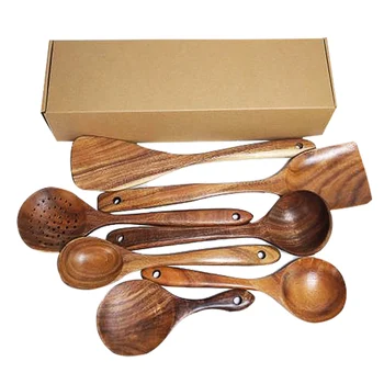 1-9pcs/set de Teca de madera natural, vajilla de mesa cuchara colador cuchara especial nano sopa espumadera cuchara de cocina de cocina de madera kit de herramienta