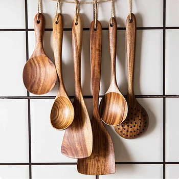 1-9pcs/set de Teca de madera natural, vajilla de mesa cuchara colador cuchara especial nano sopa espumadera cuchara de cocina de cocina de madera kit de herramienta