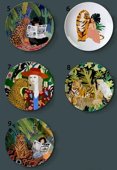 Flora Tigre y la Chica de la Acuarela Platos Creativos Casa Decorativo Ilustración de la Placa de Cerámica de Decoración Artesanal de Leopardo Señora de Europa Decoración
