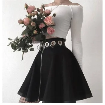 Faldas para mujer de la cremallera hueco anillo de hierro gótico de una línea de mini falda de talle alto en negro 2019 streetwear cool chic femenino desgaste del club