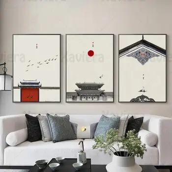 Estilo chino Clásico de la Arquitectura de la Construcción de Lienzo de Pintura de la Pared del Arte de la Acuarela con Tinta Posters y Impresiones de la Decoración del Hogar de la Pared de la Imagen