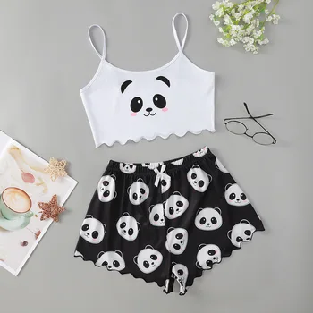 Venta Caliente De Las Mujeres Panda Patten De Impresión De Ropa De Dormir Pijamas Conjunto De La Moda De Top+Pantalones Cortos Ropa De Dormir De Las Mujeres De Algodón