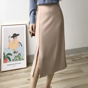 Las faldas de las Mujeres Sólido, Una línea de Cintura Alta Mujer Bodycon Faldas Elegantes Split Faldas Midi Llanura Señora de la Oficina Faldas 2021 Verano Otoño