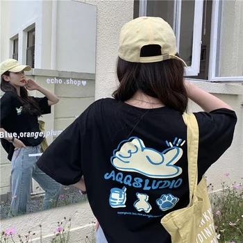 2021 t-Shirt Lindo Patrón de Verano de la Versión coreana De Chic de la parte Delantera Y la Espalda del Oso de Impresión de Manga Corta Mujeres Vestido de Verano
