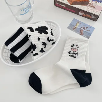 Calcetines de rayas divertido vaca de impresión blanco de dibujos animados calcetines acogedor harajuku skarpetki damskie animal lindo chaussettes kawaii feliz calcetín