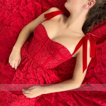 De Novia Correas De Espagueti Rojo De Encaje De Té De Longitud Vestido De Fiesta Una Línea De Vestidos De Noche