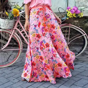 ZANZEA de la Moda de la Impresión Floral de las Faldas 2021 Verano Cintura Elástica con Cordón Faldas Casuales Maxi Faldas de las Señoras de Vacaciones Fondos de